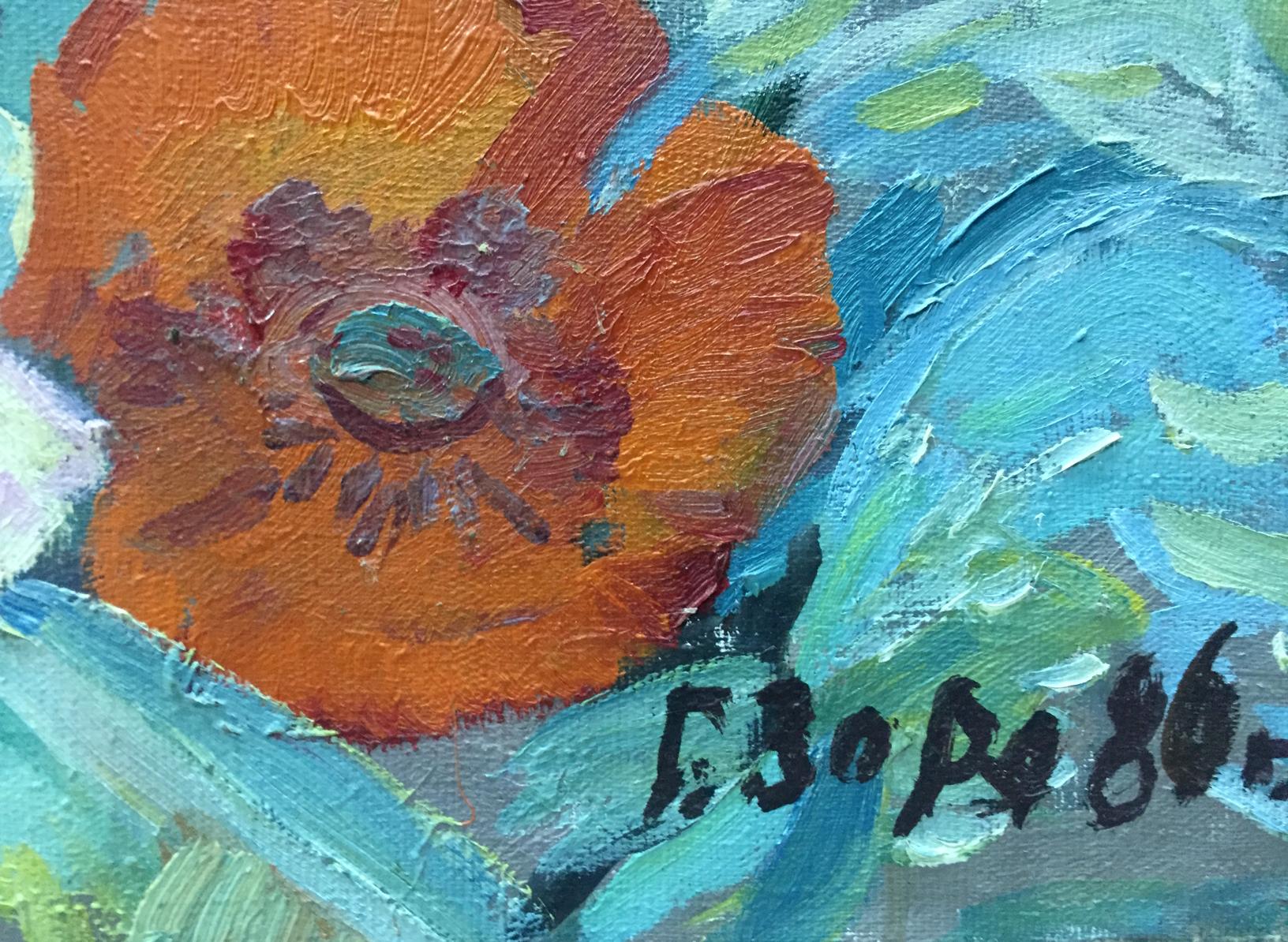 Vibrant orange poppy in Oil painting May G. Zora, thick impasto on textured blue-green background