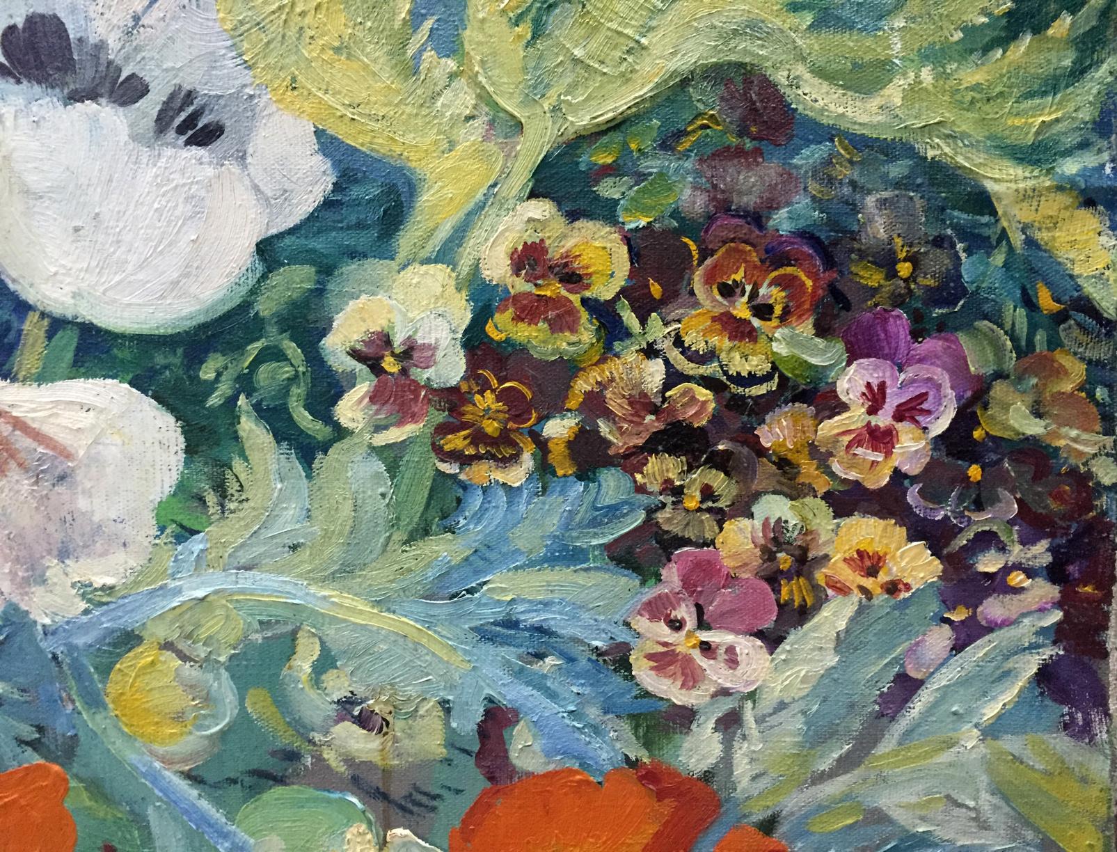 Oil painting May G. Zora: vibrant pansies in purple, yellow, pink, green foliage