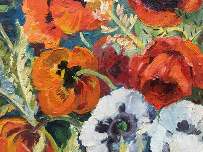 Oil painting May G. Zora: vibrant orange red poppies, white anemones