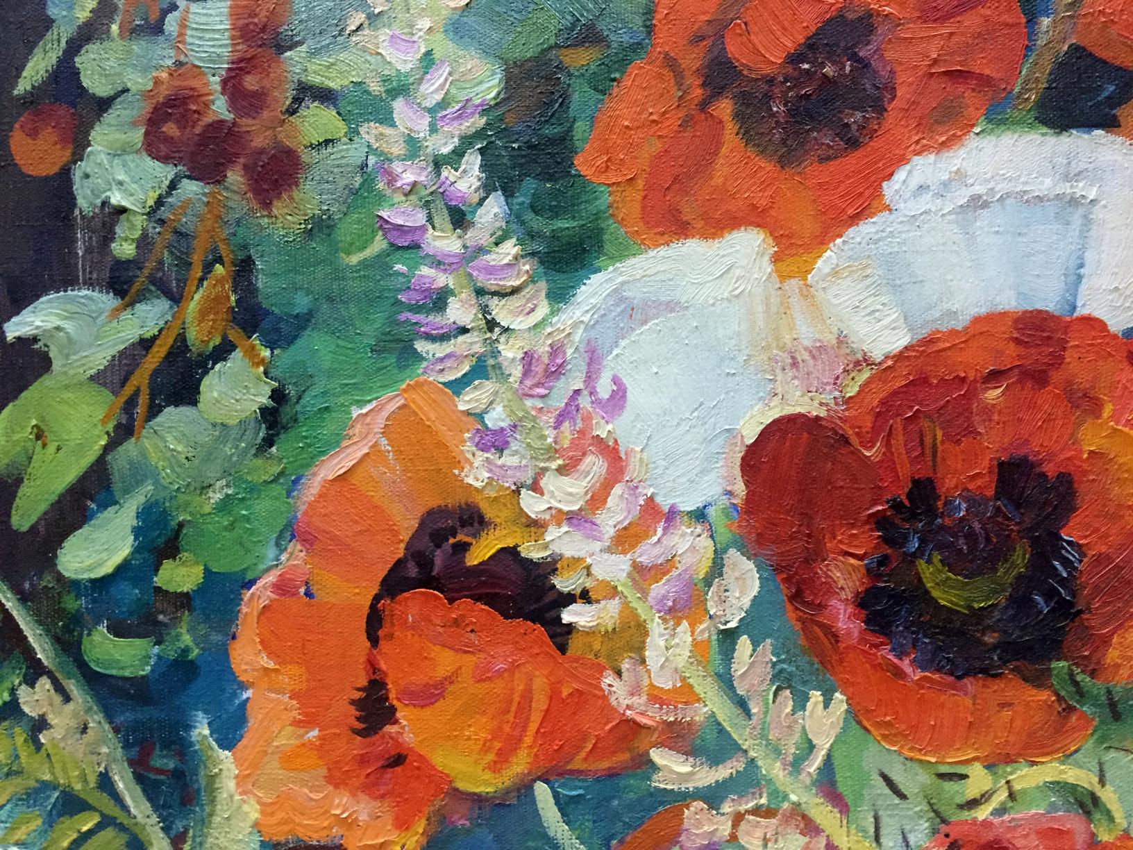 Oil painting May G. Zora: vibrant orange poppies, purple lupines on green
