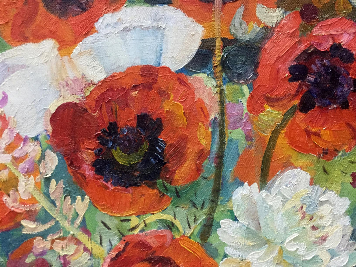 Vibrant orange poppy with black center in Oil painting May G. Zora