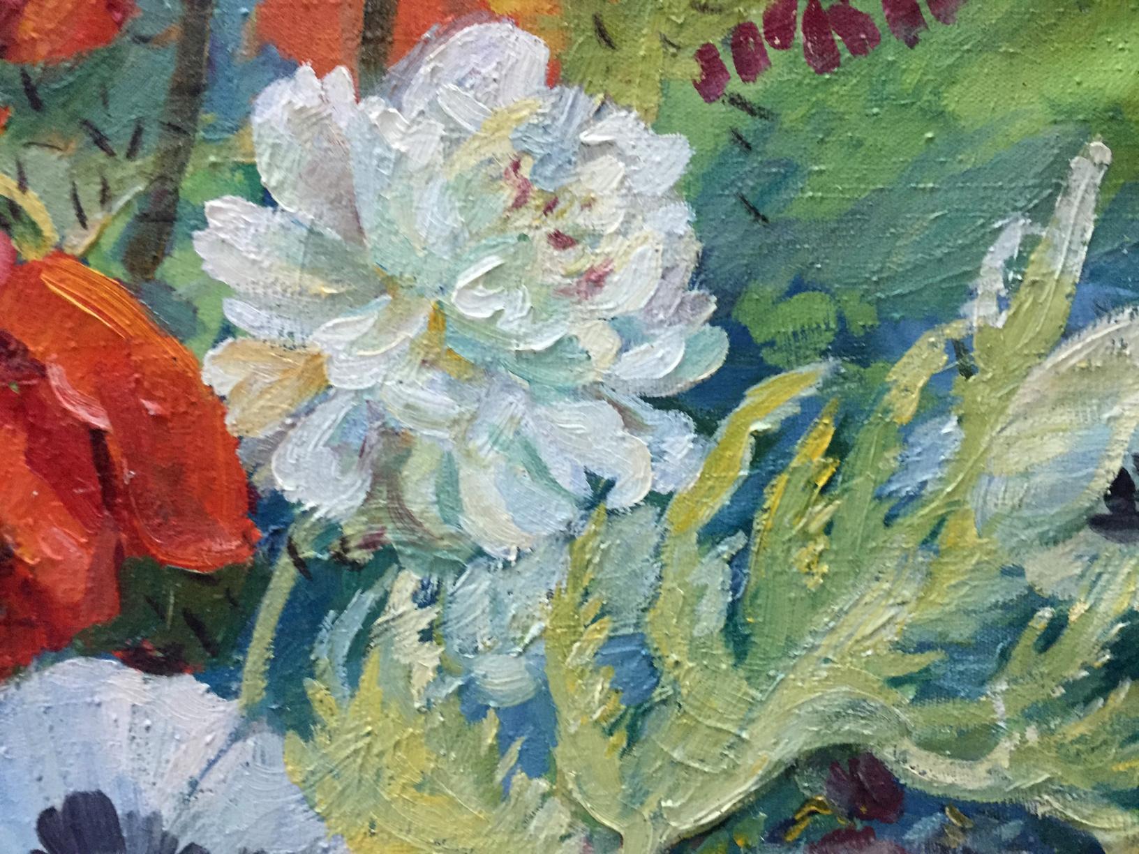 Oil painting May G. Zora: textured white peony in impasto on vibrant background