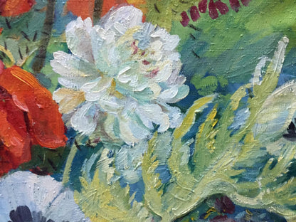 Oil painting May G. Zora: textured white peony in impasto on vibrant background