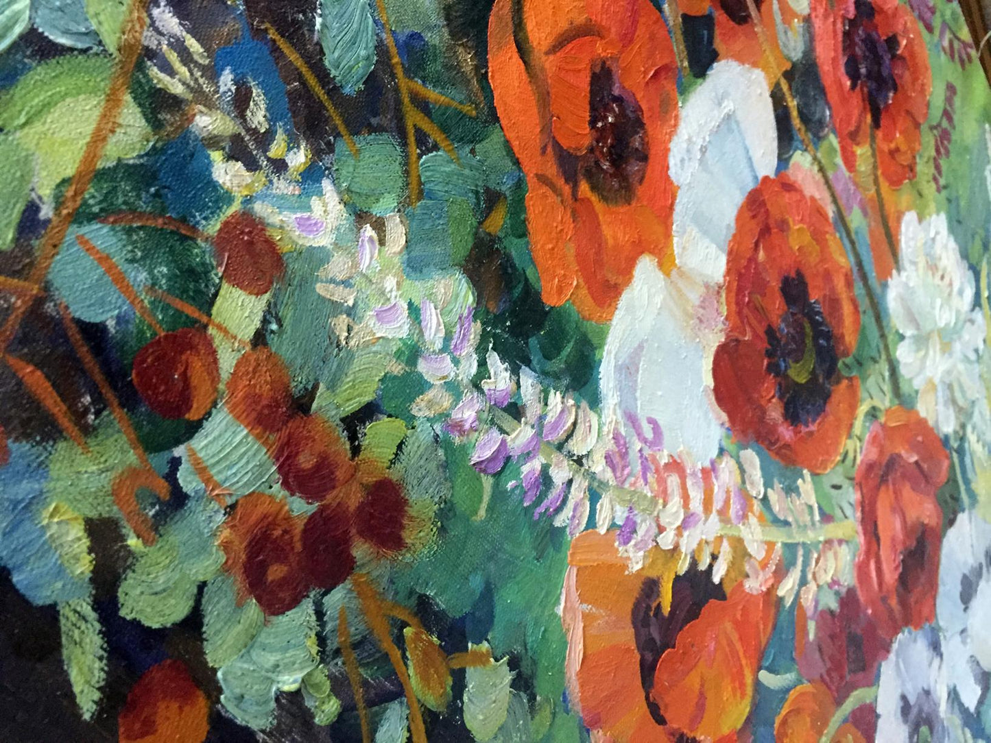 Oil painting May G. Zora: vibrant orange white poppies green foliage purple flowers