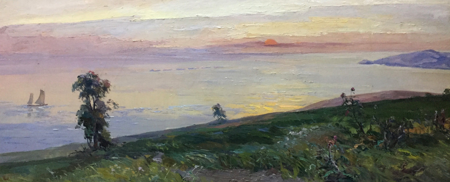 Serene impressionist oil painting by Nepippivo Vasyl Hnatovych, sunset over water