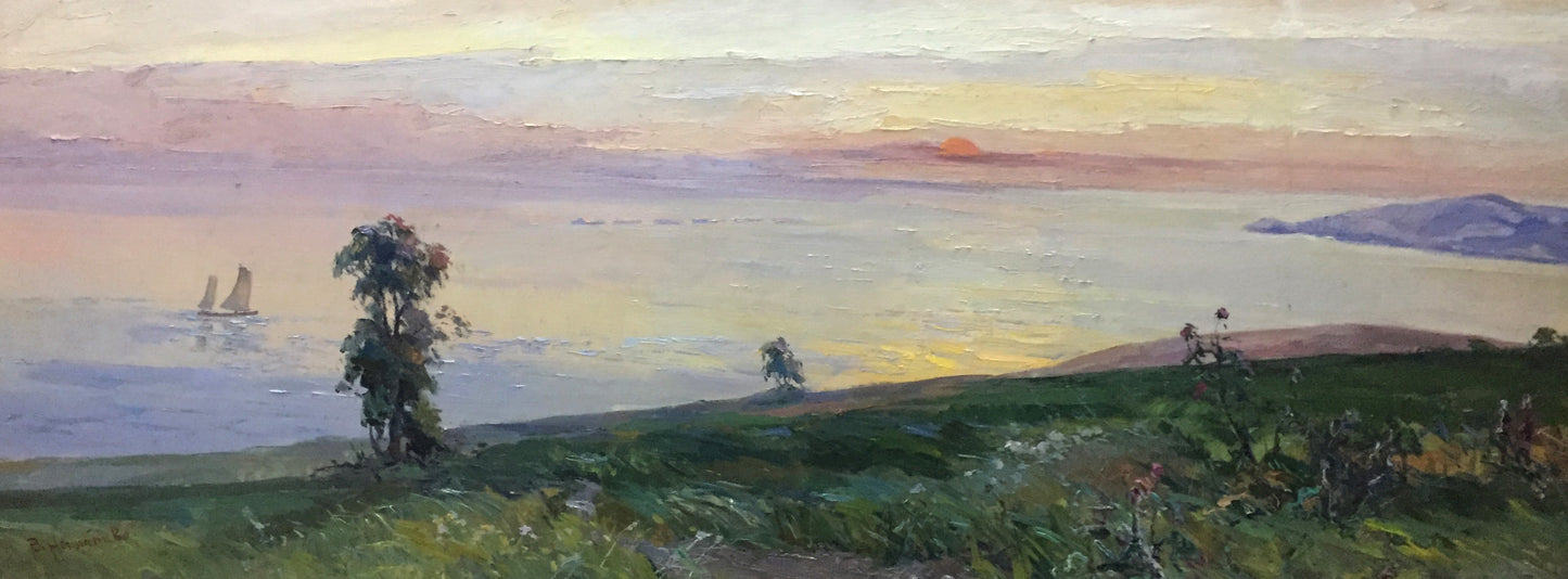Serene sunset oil painting by Nepippivo Vasyl Hnatovych with sea and hills