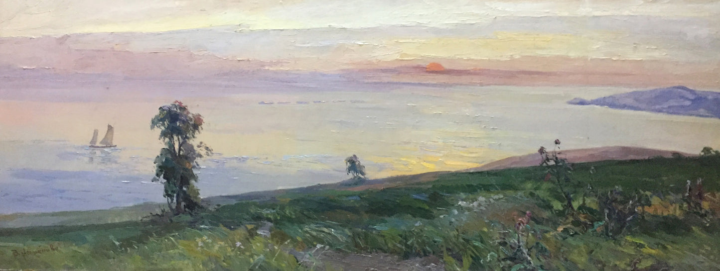 Oil painting by Nepippivo Vasyl Hnatovych: pastel sunset over tranquil sea