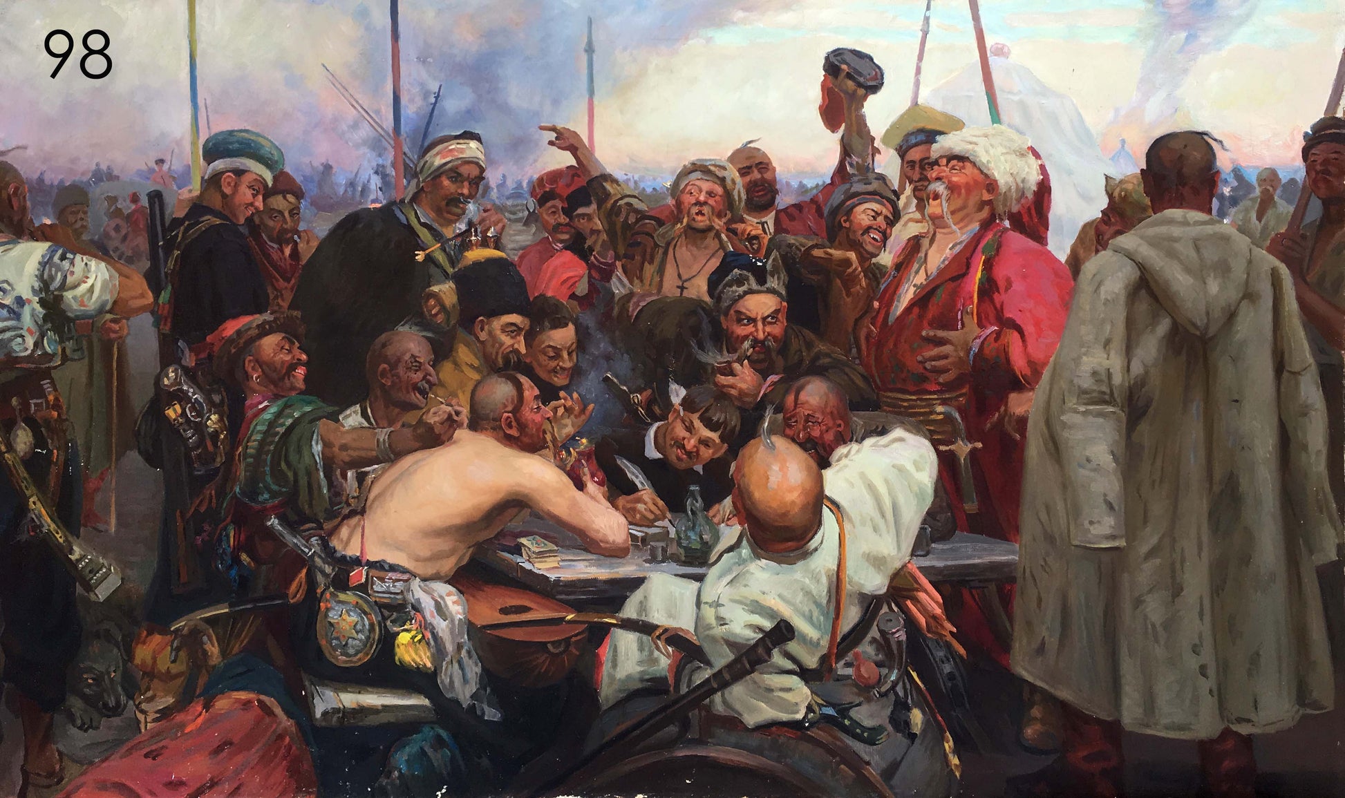Cossacks Zaporozhtsy oil painting of chaotic battle with colorful soldiers