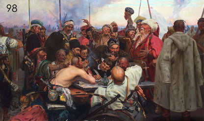 Cossacks Zaporozhtsy oil painting of chaotic battle with colorful soldiers