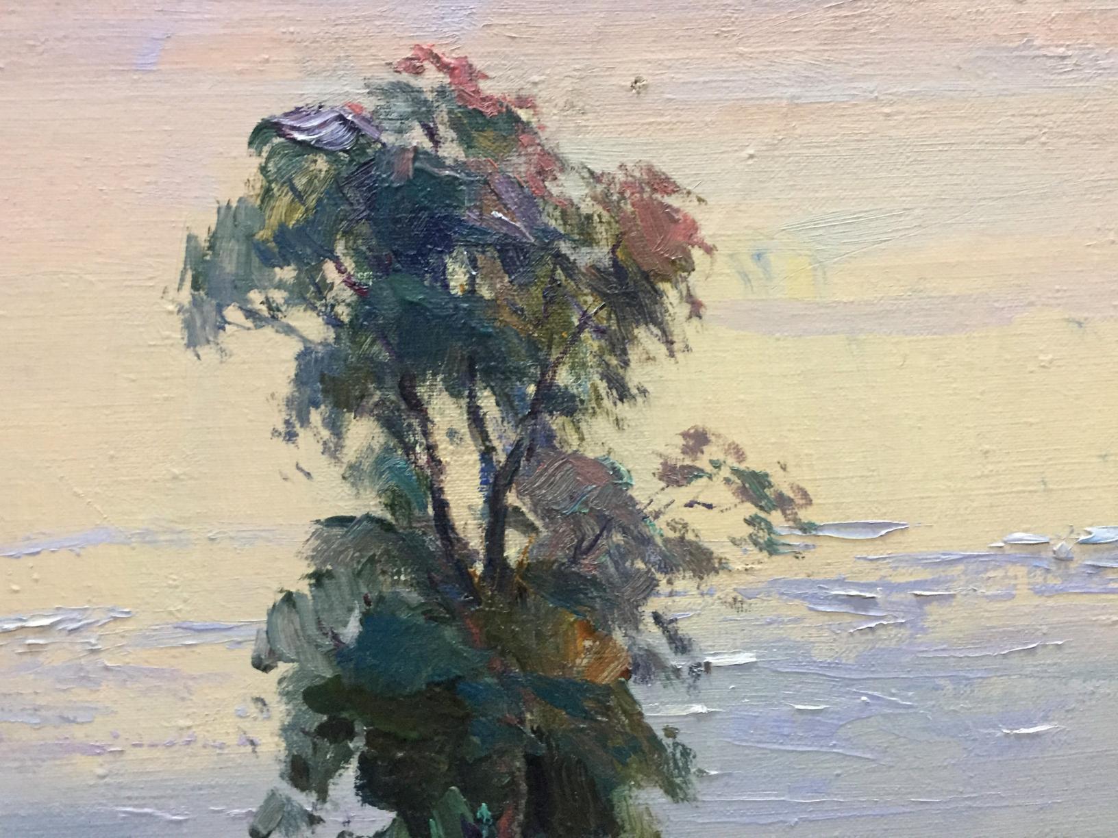 Textured oil painting of tree with dark green reddish foliage by Nepippivo Vasyl Hnatovych