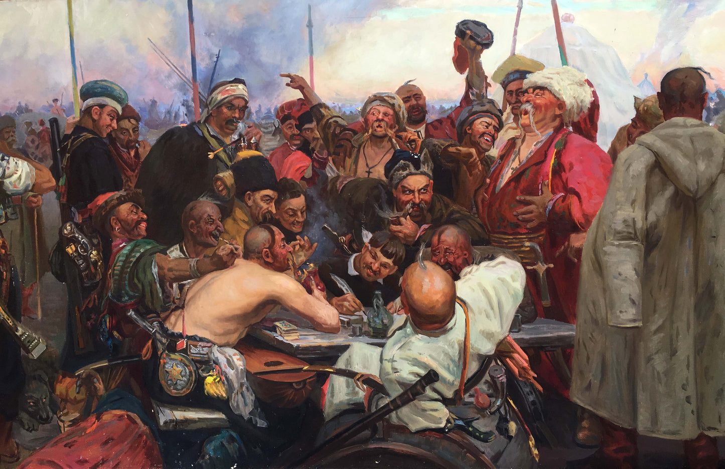 Vibrant Cossacks Zaporozhtsy oil painting of lively men in historical attire with weapons