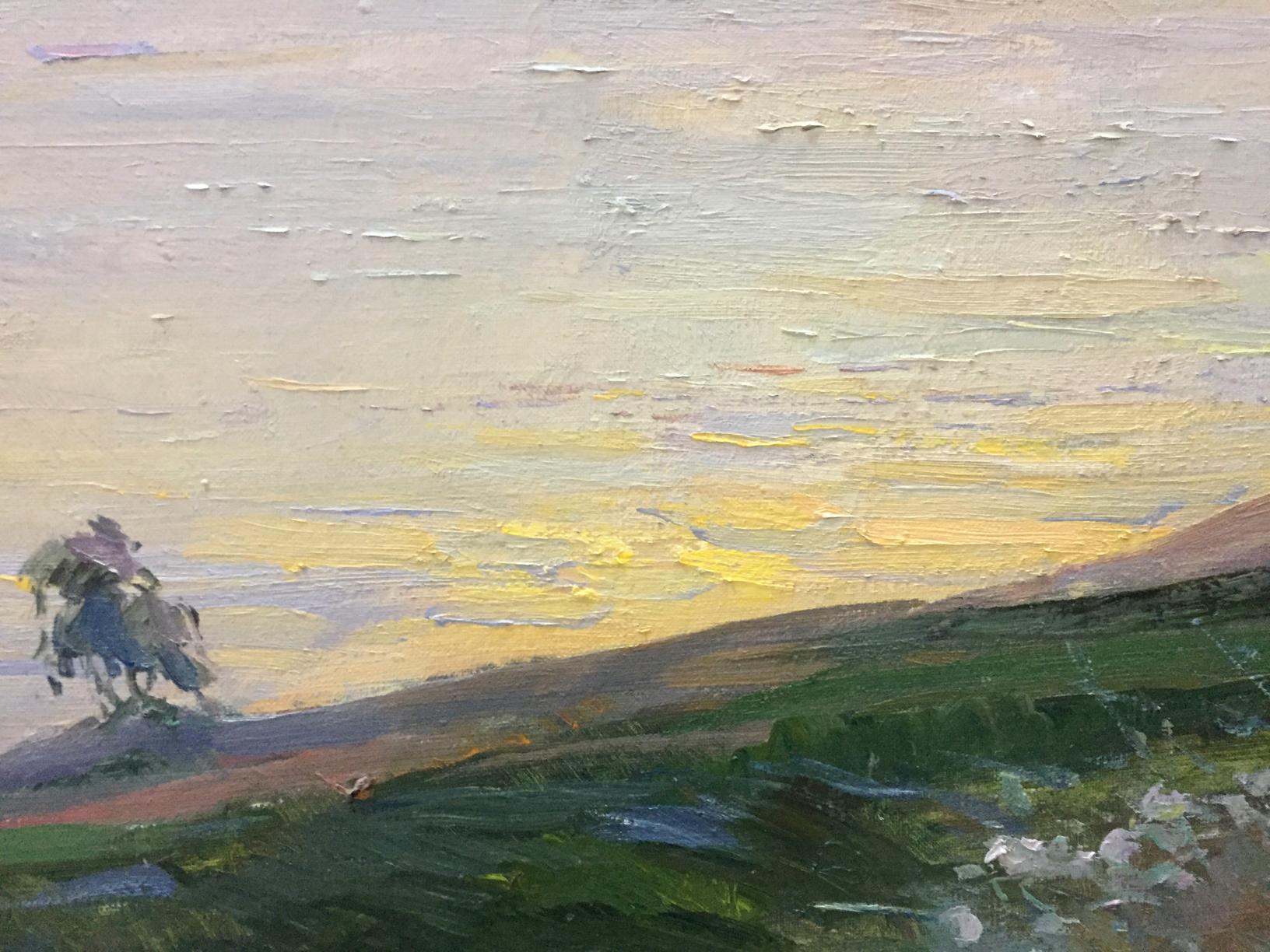 Oil painting by Nepippivo Vasyl Hnatovych: lone rider at sunset