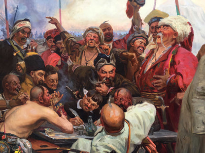 Vibrant Cossacks Zaporozhtsy oil painting of lively chaotic men in historical attire