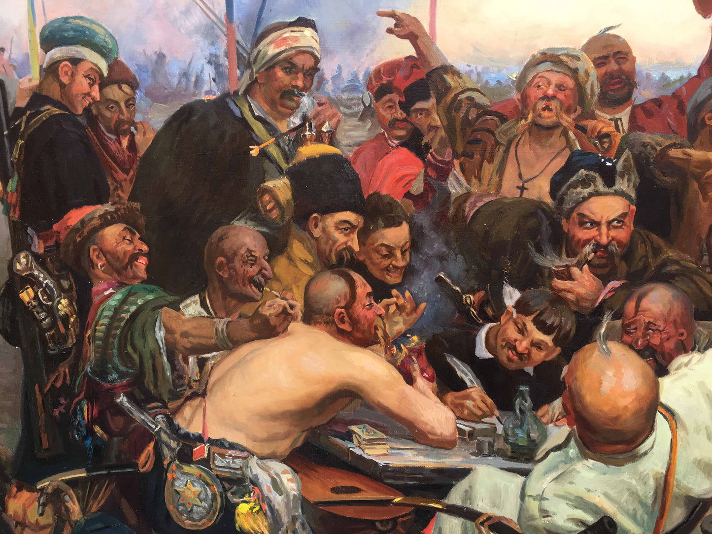 Vibrant Cossacks Zaporozhtsy oil painting of chaotic men at table