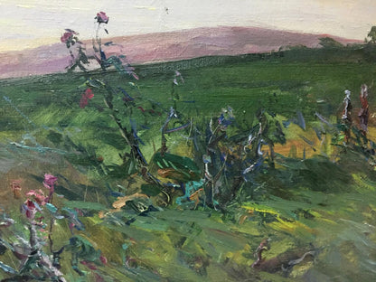 Vibrant impressionistic oil painting by Nepippivo Vasyl Hnatovych of green field with wildflowers