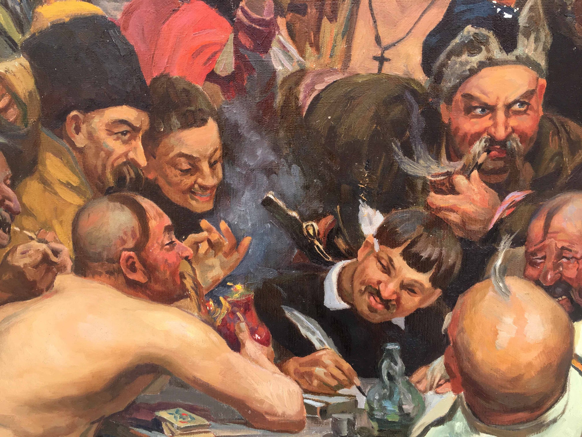 Vibrant Cossacks Zaporozhtsy oil painting of men in historical attire at table