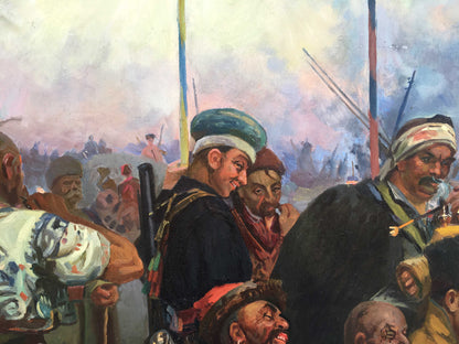 Cossacks Zaporozhtsy oil painting: men in historical attire with teal turban