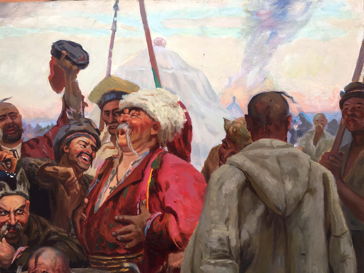 Man in vibrant red embroidered Cossacks Zaporozhtsy jacket and fur hat