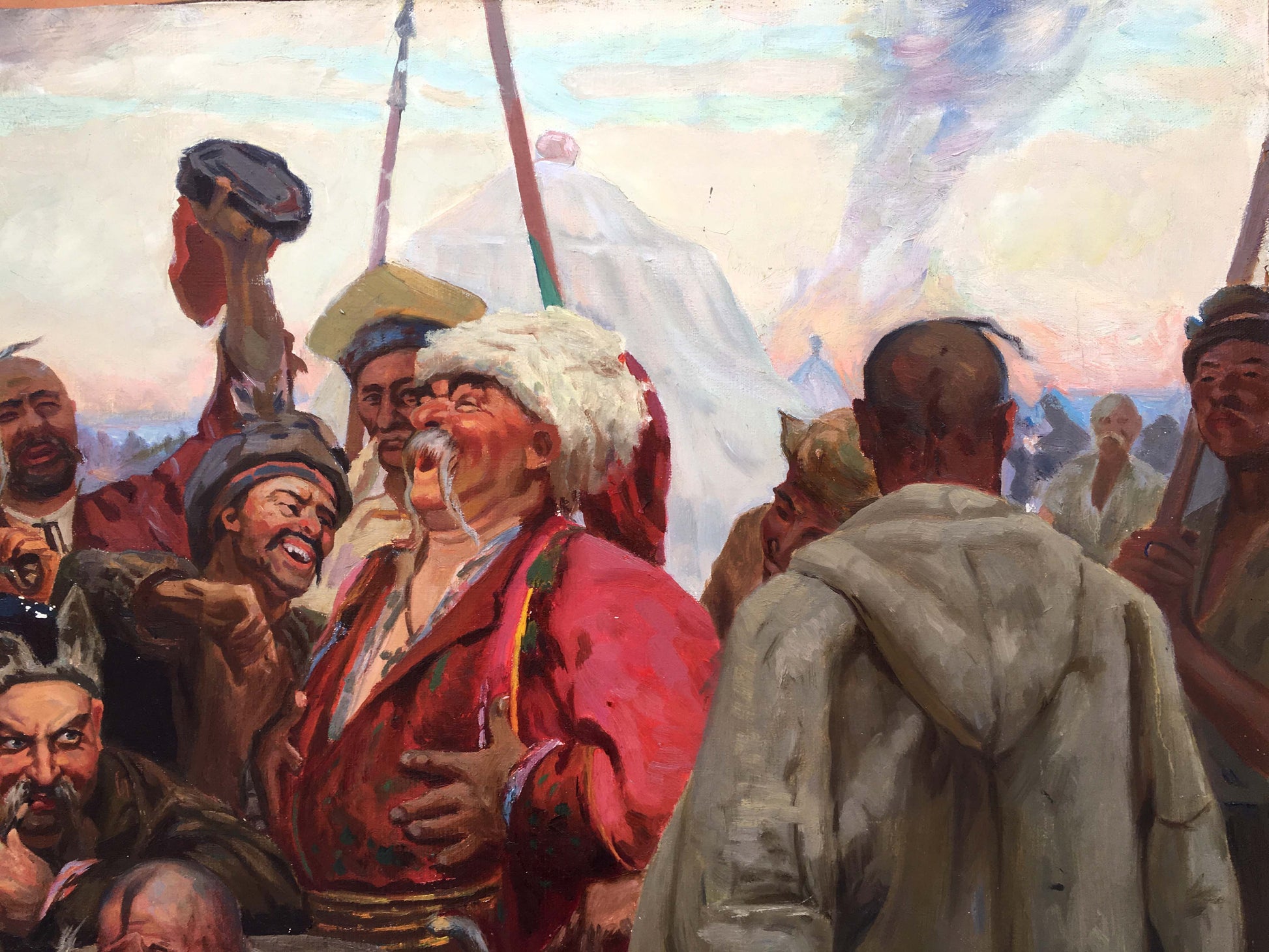 Man in vibrant red embroidered Cossacks Zaporozhtsy jacket and fur hat