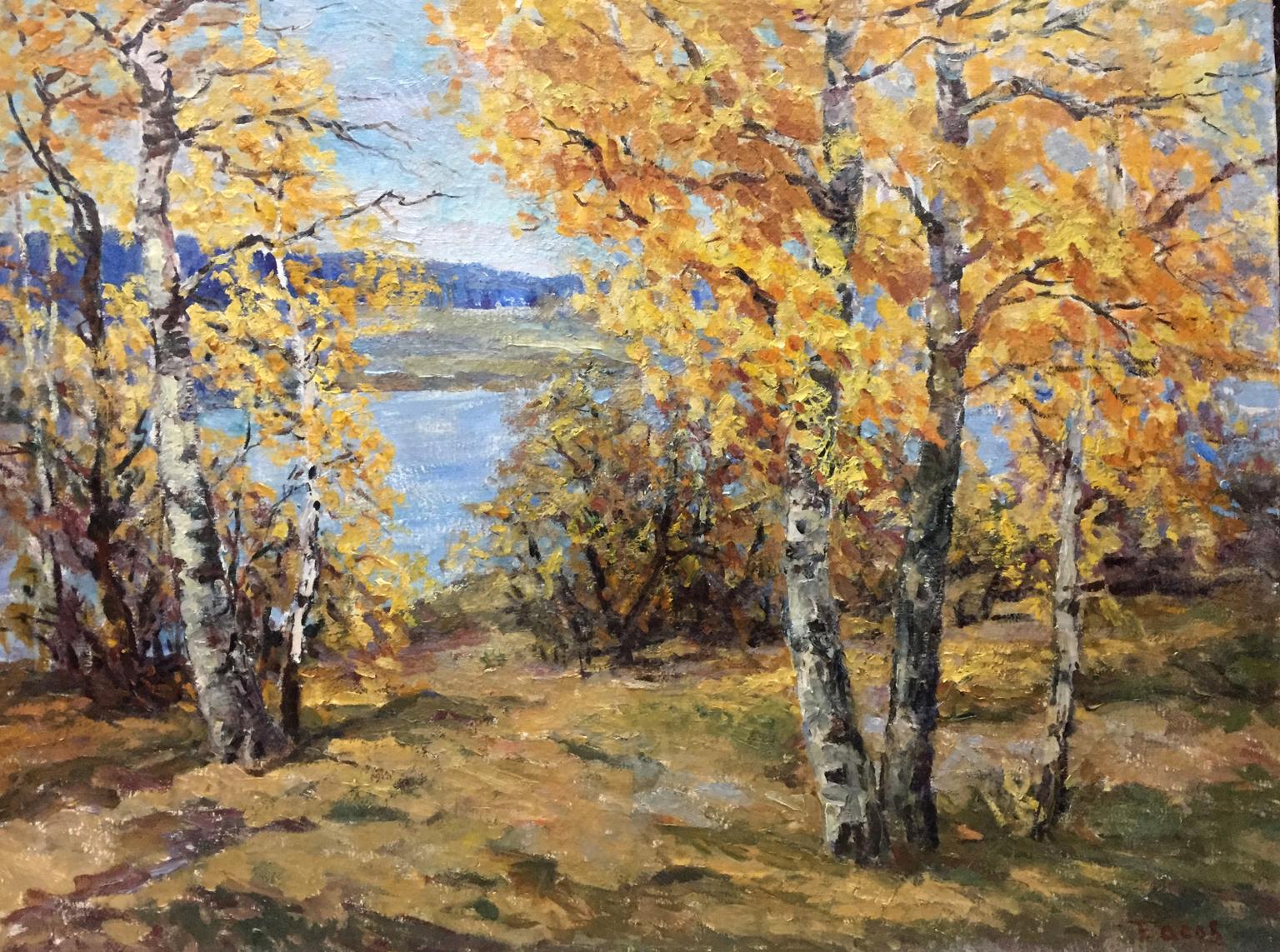Oil painting by Basov Yakov Alexandrovich: autumn birch trees by blue lake