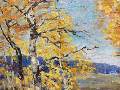 Oil painting Autumn by Basov Yakov Alexandrovich: birch tree with yellow leaves