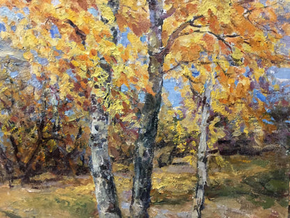 Autumn birch trees in yellow orange leaves, Basov Yakov impressionist oil painting