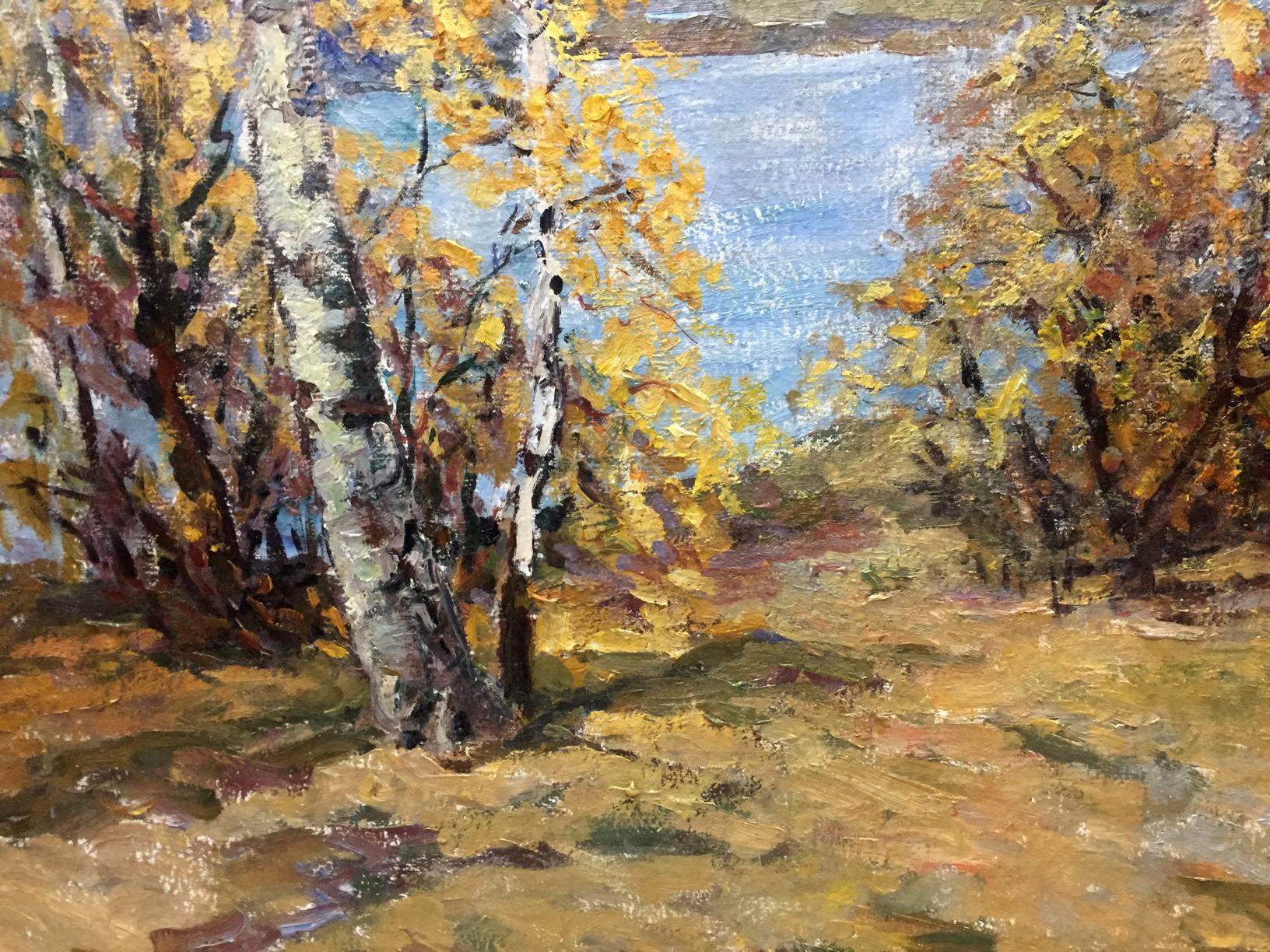 Autumn birch trees by lake, Basov Yakov Alexandrovich oil painting