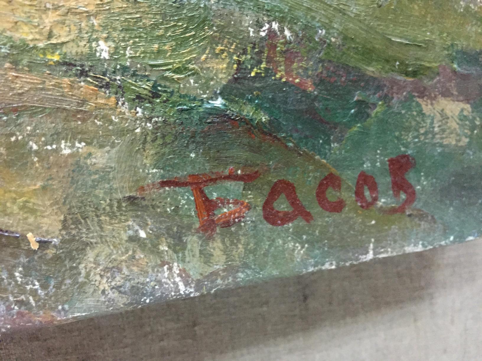 Red facos signature on back of Autumn oil painting by Basov Yakov Alexandrovich