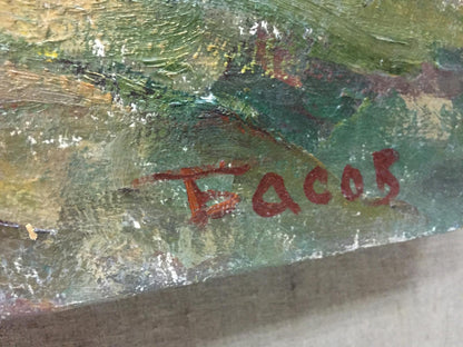 Red facos signature on back of Autumn oil painting by Basov Yakov Alexandrovich