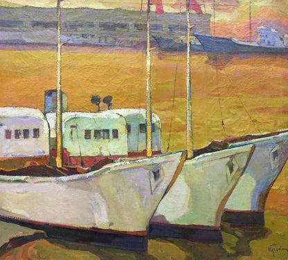 Oil painting At the docks by Prokhorov Konstantin Alexandrovich: white and light blue boats with tall masts in sunset scene