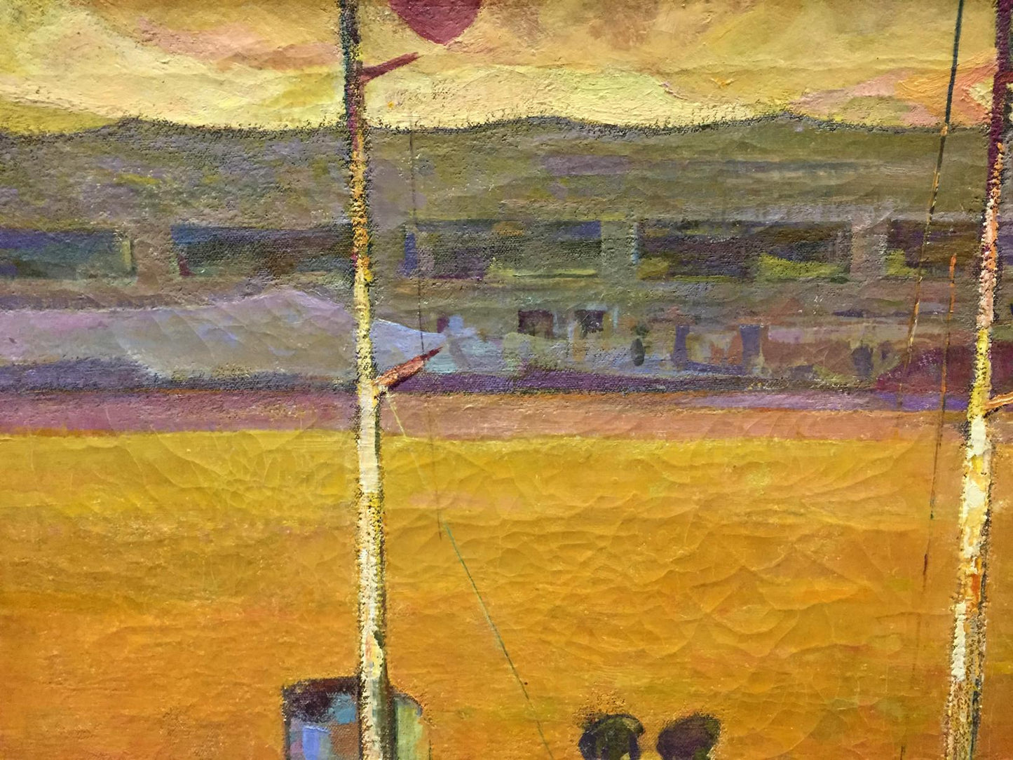A textured, impressionistic painting featuring a warm yellow field under an orange and purple sky with distant buildings.