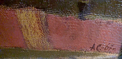 Social realism oil painting Relics of Battle Glory by Serbutovsky Andrey Andreevich with reddish-pink and ochre-yellow brushstrokes