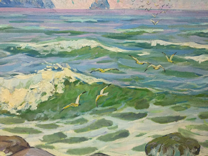 Oil painting by Dubish Ivan Ivanovich: vibrant green blue waves, seagulls, pink sky