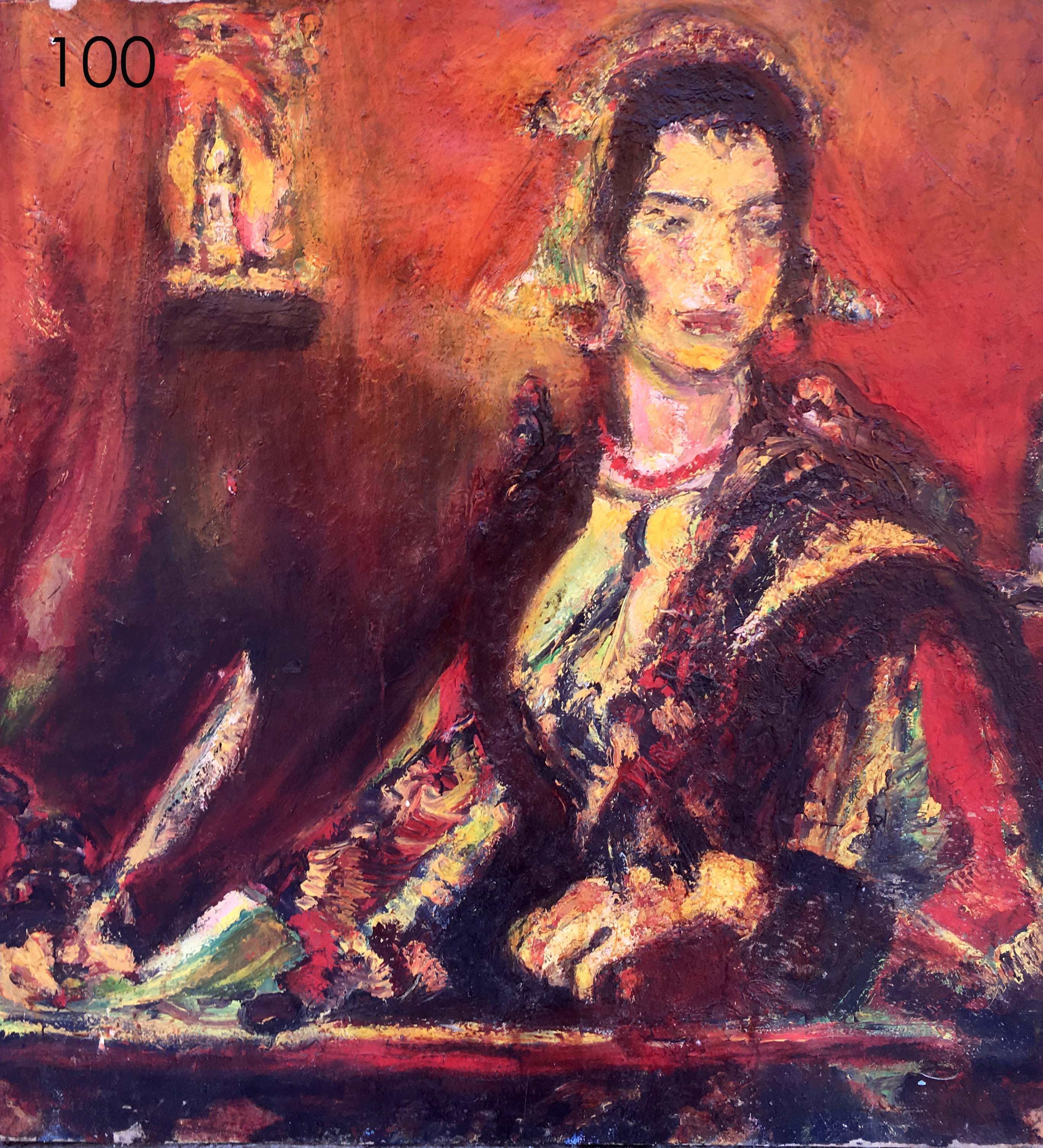 Textured oil painting of girl with feather in warm tones and ornate clothing