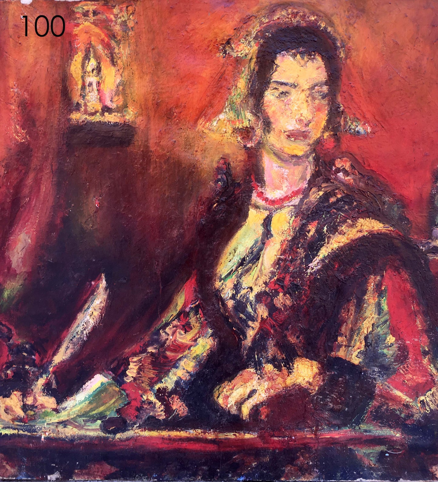 Textured oil painting of girl with feather in warm tones and ornate clothing