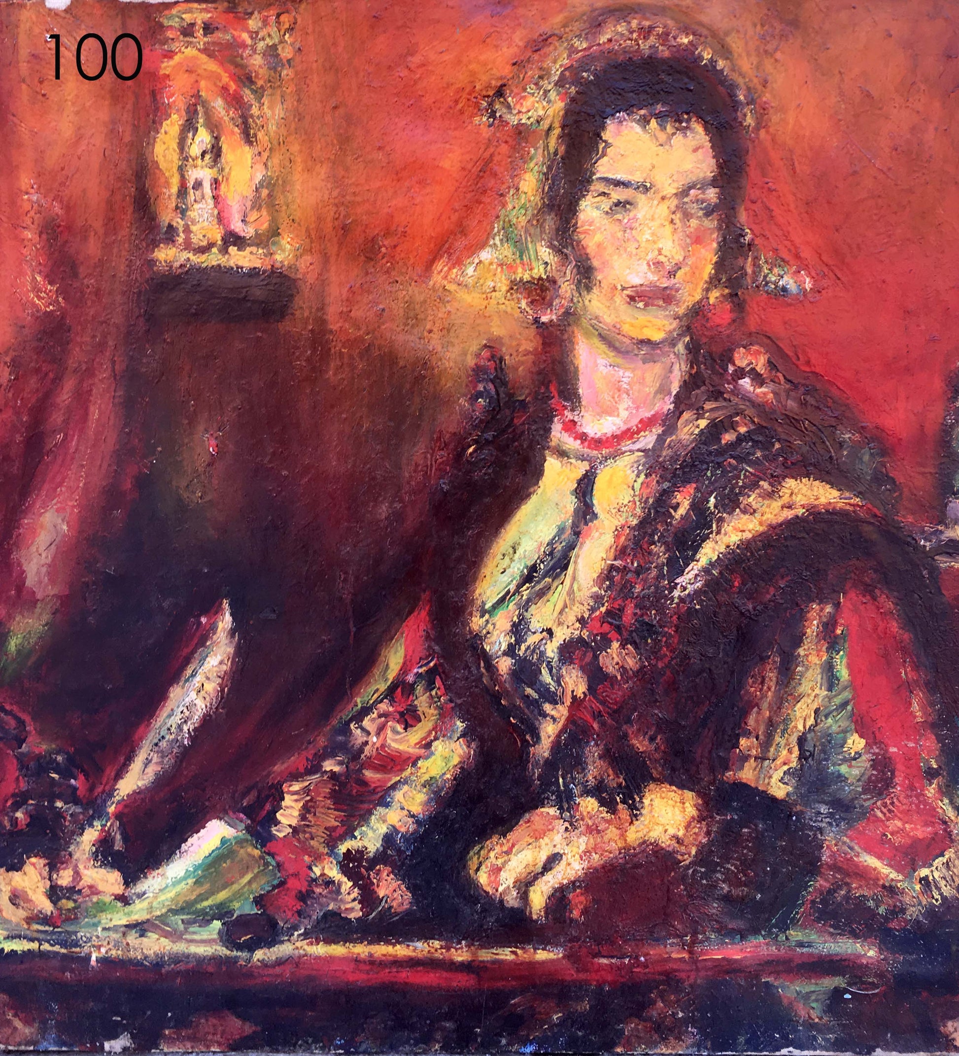 Textured oil painting of girl with feather in warm tones and ornate clothing