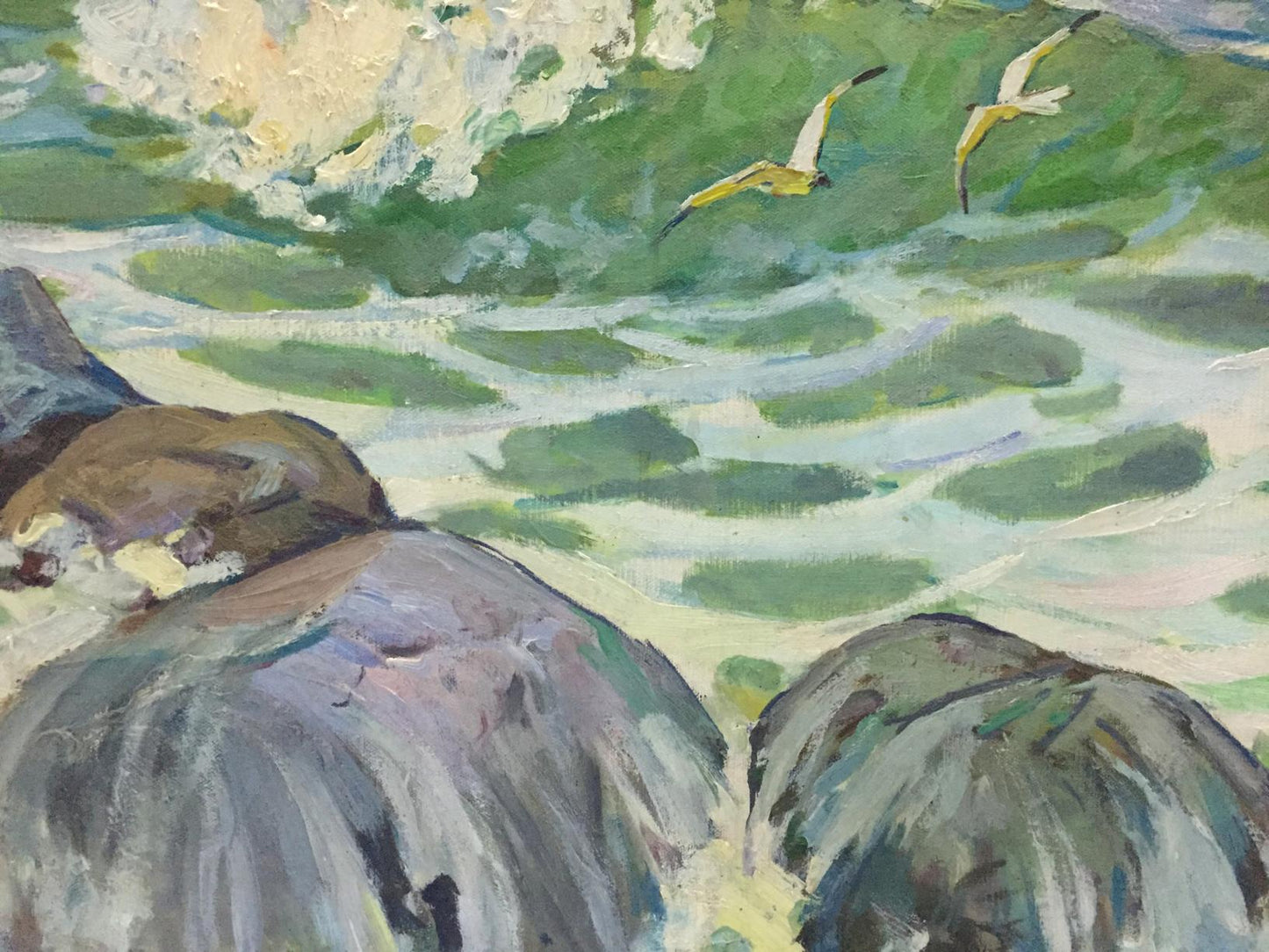 Vibrant oil painting by Dubish Ivan Ivanovich: seagulls over crashing waves on rocks