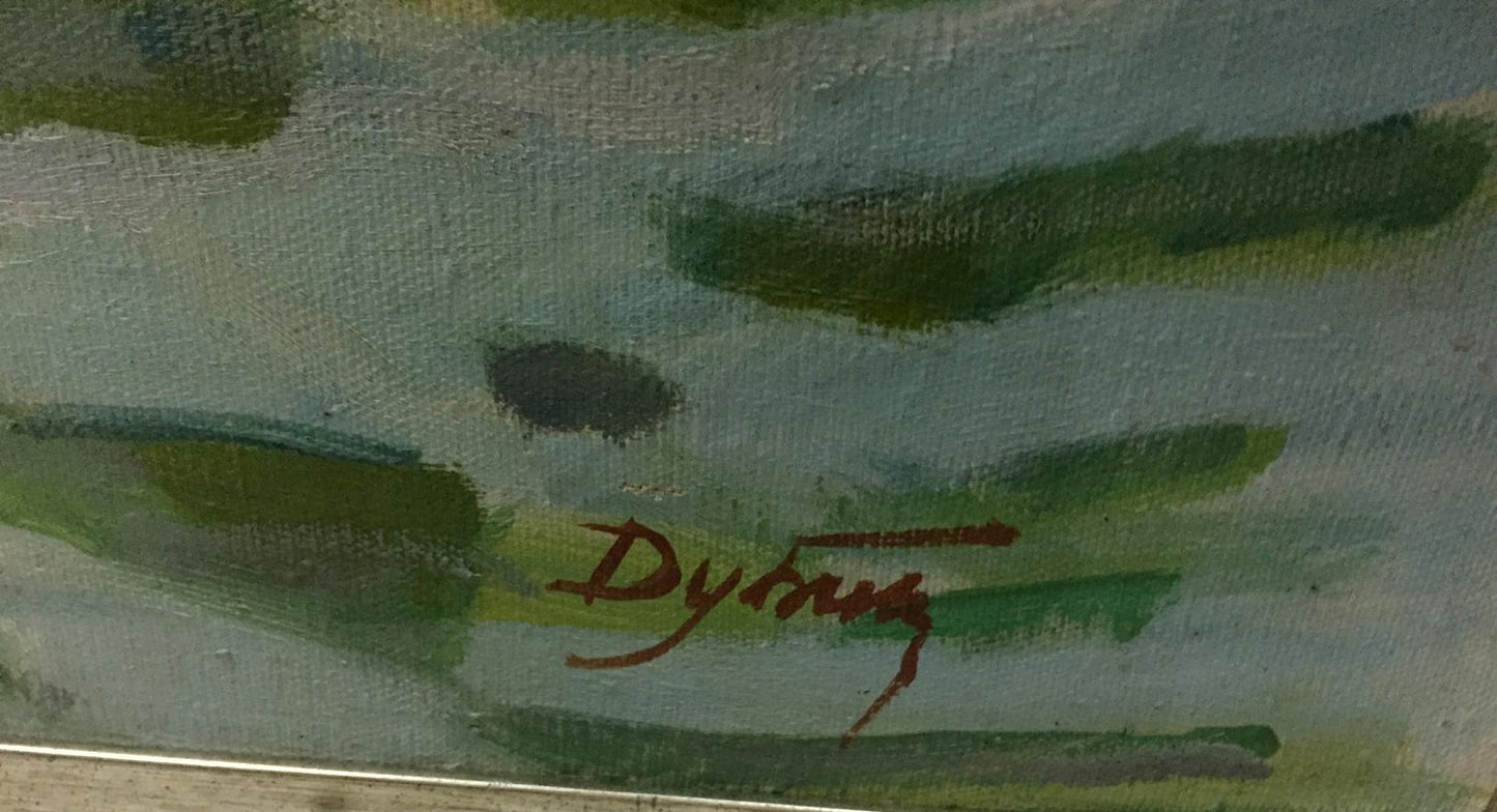 Red cursive signature on textured seascape oil painting by Dubish Ivan Ivanovich