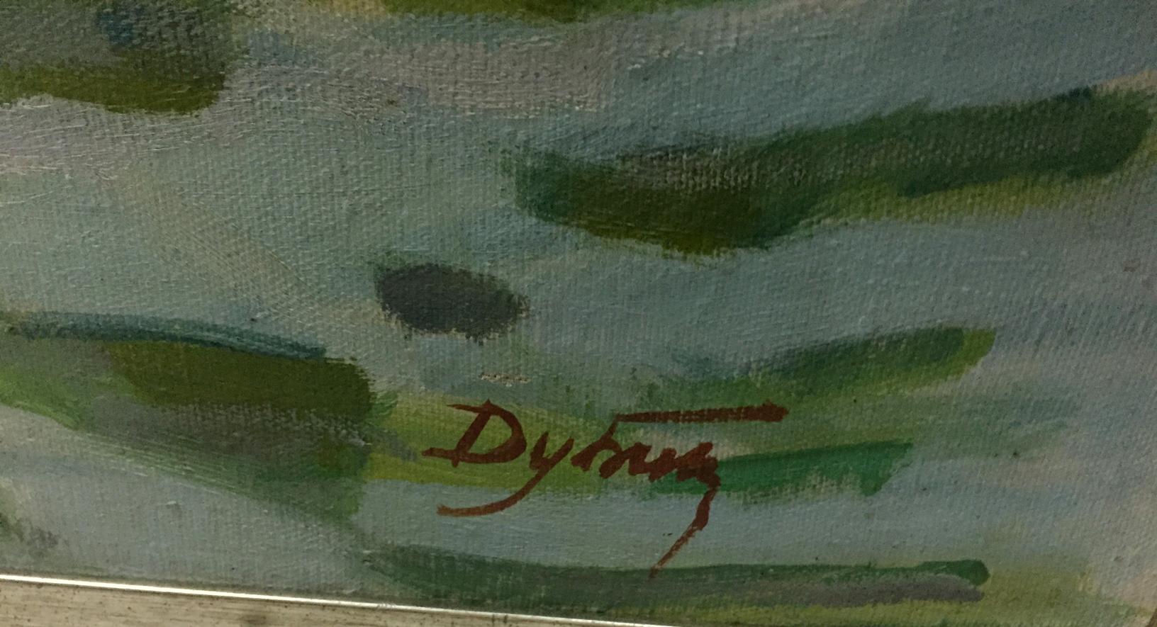 Red cursive signature on textured seascape oil painting by Dubish Ivan Ivanovich