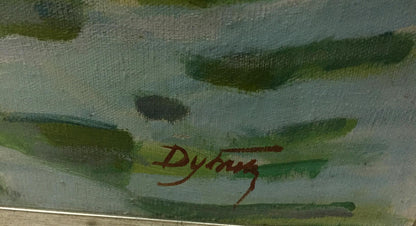 Red cursive signature on textured seascape oil painting by Dubish Ivan Ivanovich
