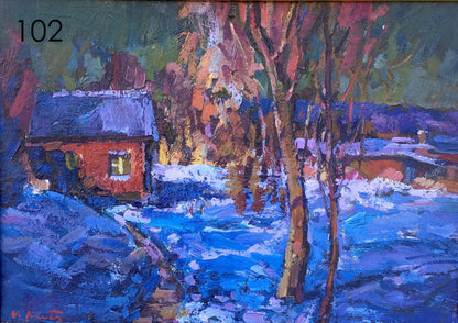 Winter evening oil painting of red house in snowy landscape
