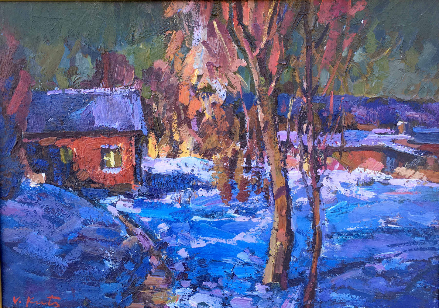 Winter evening oil painting of red house among snow-covered trees