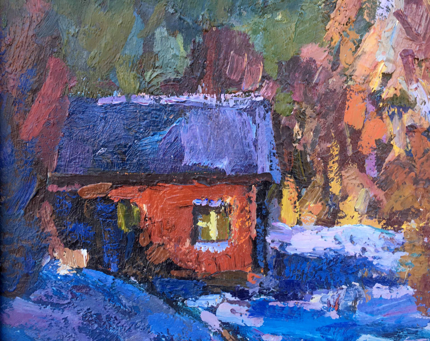 Vibrant impressionistic winter evening oil painting of cozy red cabin in snowy autumn woods
