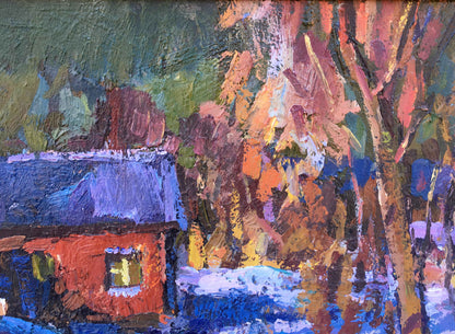 Winter evening impressionist oil painting of red house with snow-dusted roof amid autumn trees