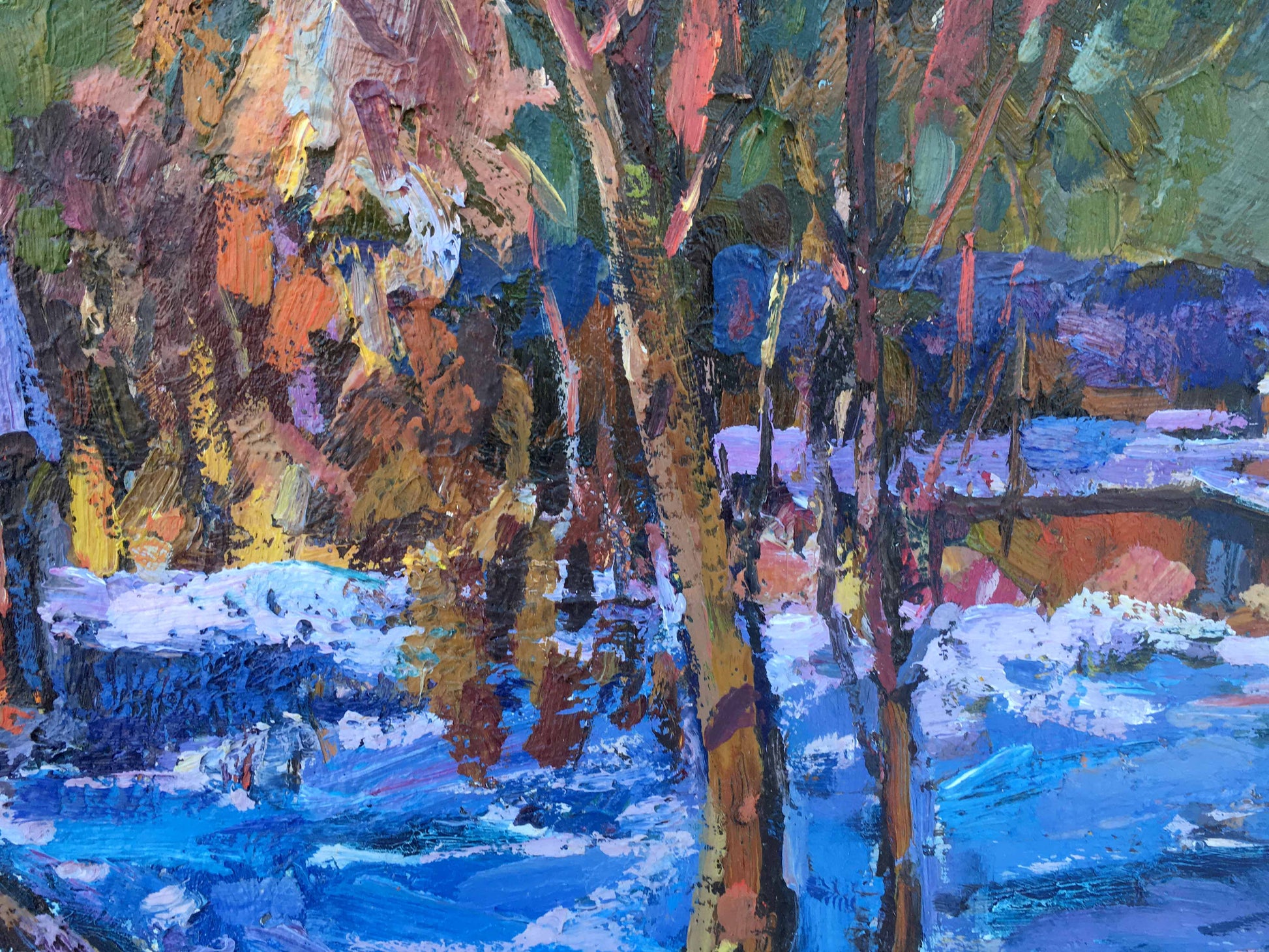Winter evening impressionist oil painting of textured trees in snowy landscape