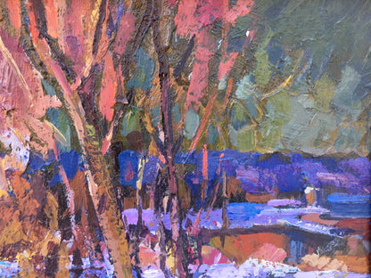 Vibrant impressionist winter evening oil painting of autumn trees in reds, purples, blues