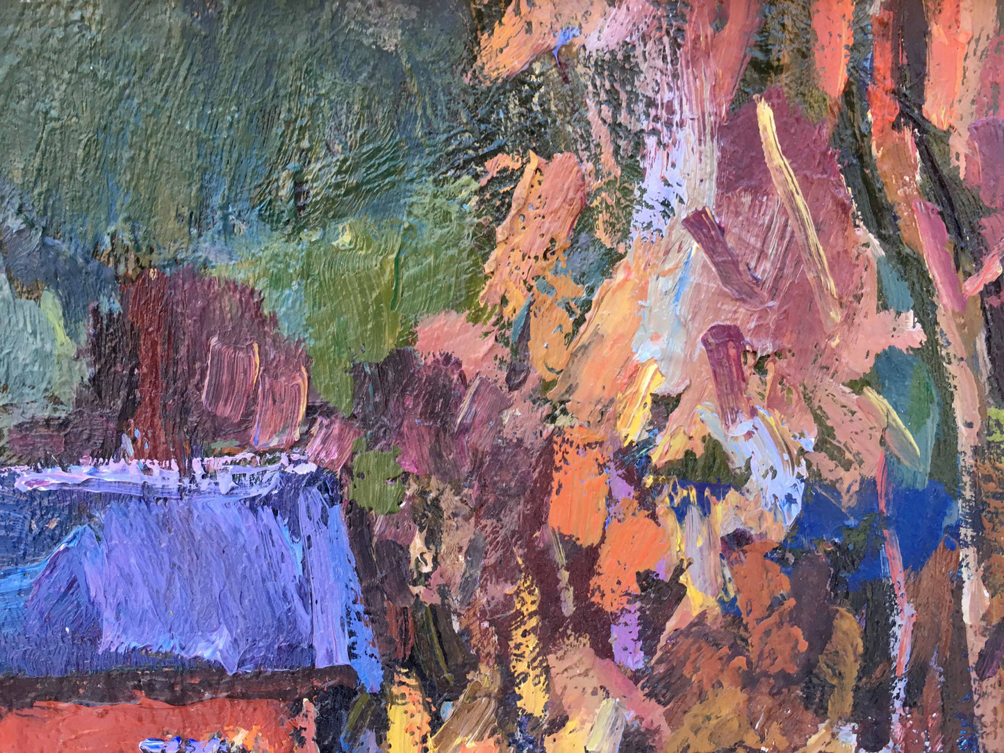 Vibrant winter evening abstract oil painting in greens, purples, oranges, blues