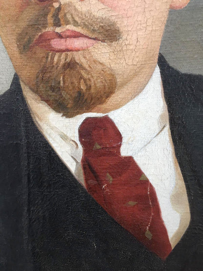 Lenin portrait oil painting with red tie, gold patterns, white collar, dark suit