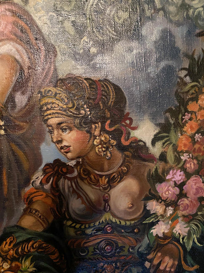 Oil painting The Dawn of Love in Myth by Alexander Litvinov: woman in gold headdress with flowers
