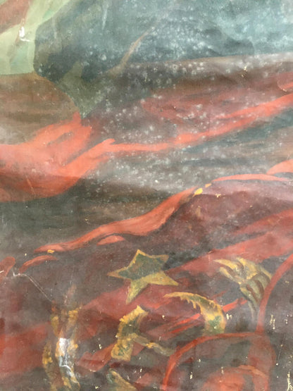 Vintage oil painting of Lenin on podium with bold red gold brushstrokes